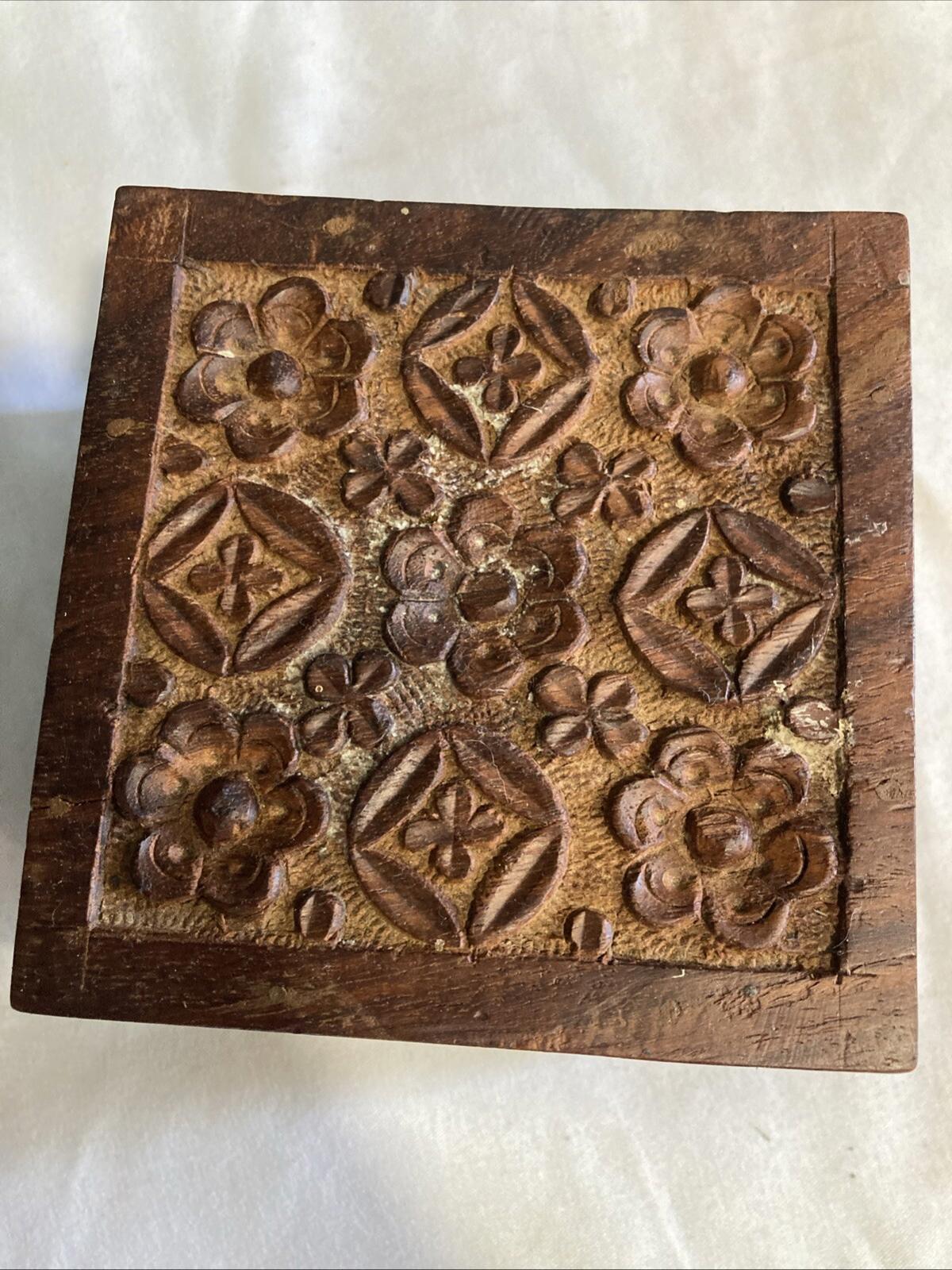Vintage Carved Wood Trinket Box with Purple Velvet Lining – Made in India