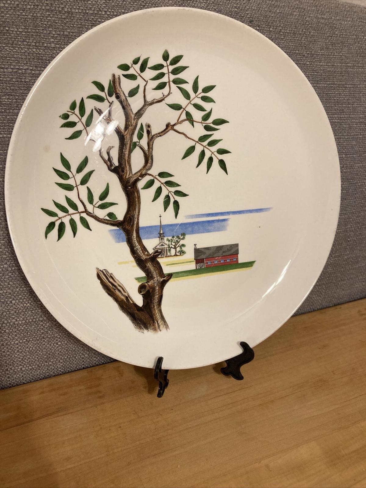 1949 Santa Anita Ware Hand-Painted Plate–Barn & Church Scene–12" Americana Plate