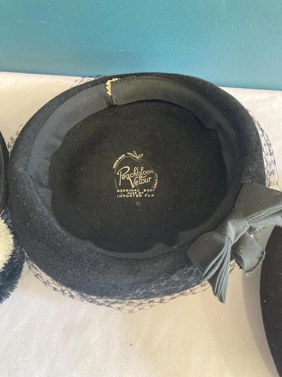Vintage Black Women's Hats Velour, Silk with veil, set of 3