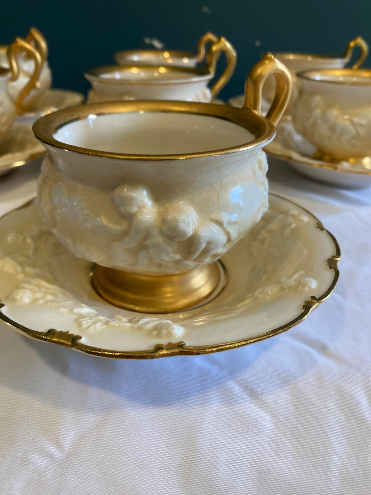 Antique Ernst Bohne Söhne Cherub Teacup and Saucer Set w/Gold Trim, Set of 7