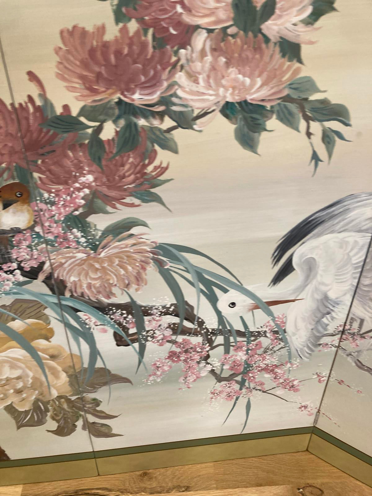 Midcentury Four Panel Wood Screen With Cranes Hand Painted by Lucien Leinfelder