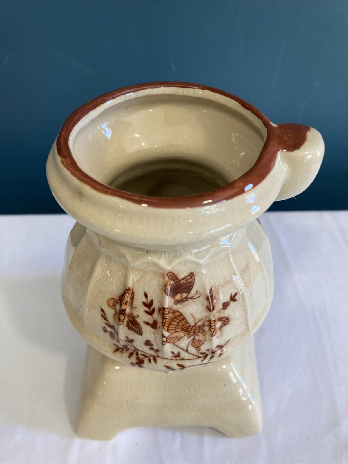 Vintage Glazed Ceramic Pot Belly Stove Vase With butterflies