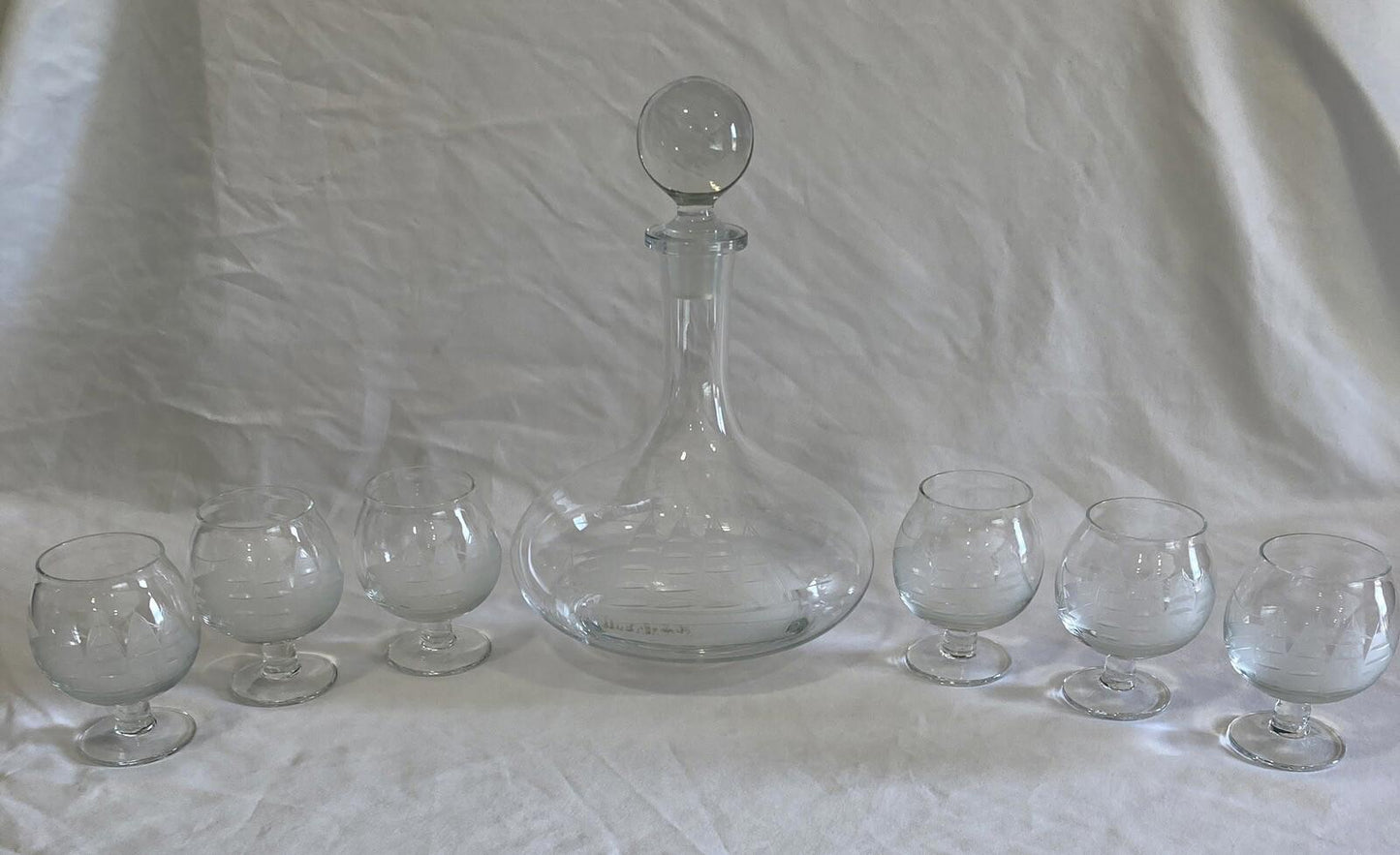 Midcentury Toscany Brandy Decanter with Etched Ships and 6 Glasses Vintage Bar