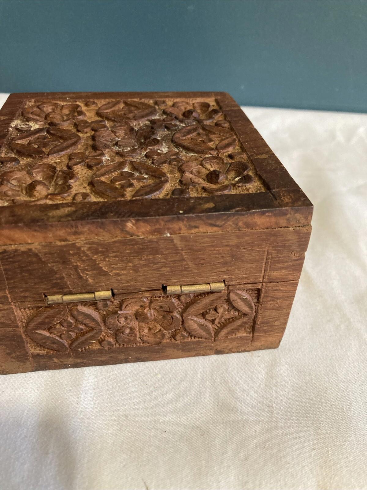 Vintage Carved Wood Trinket Box with Purple Velvet Lining – Made in India