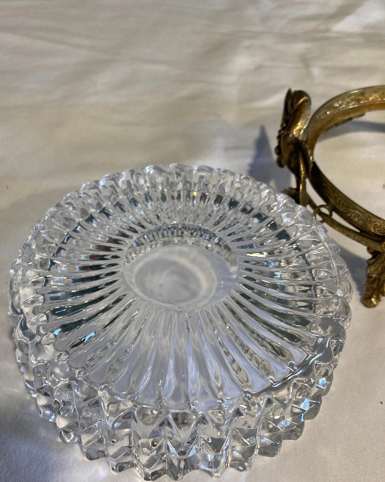 Vintage Crystal Ashtray with Ornate Brass Base Footed Ashtray with Floral Detail