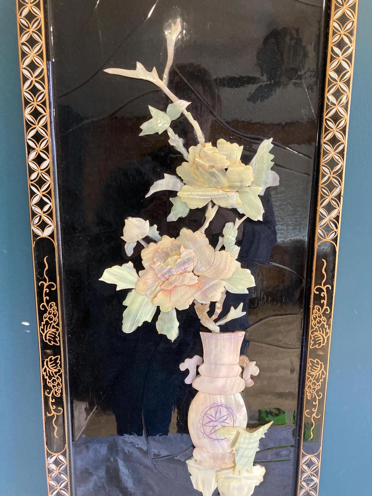 1960s Asian Chinoiserie Mother of Pearl Wall Panel With Black Lacquer