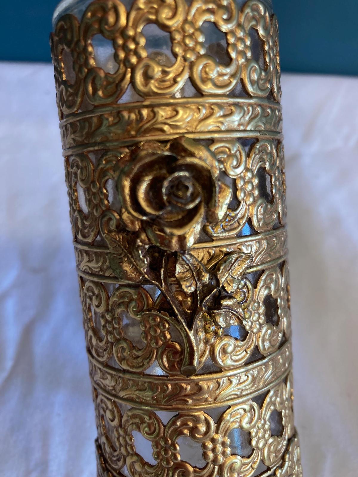 Vintage Ornate Brass Rose Perfume Bottle with Glass Insert