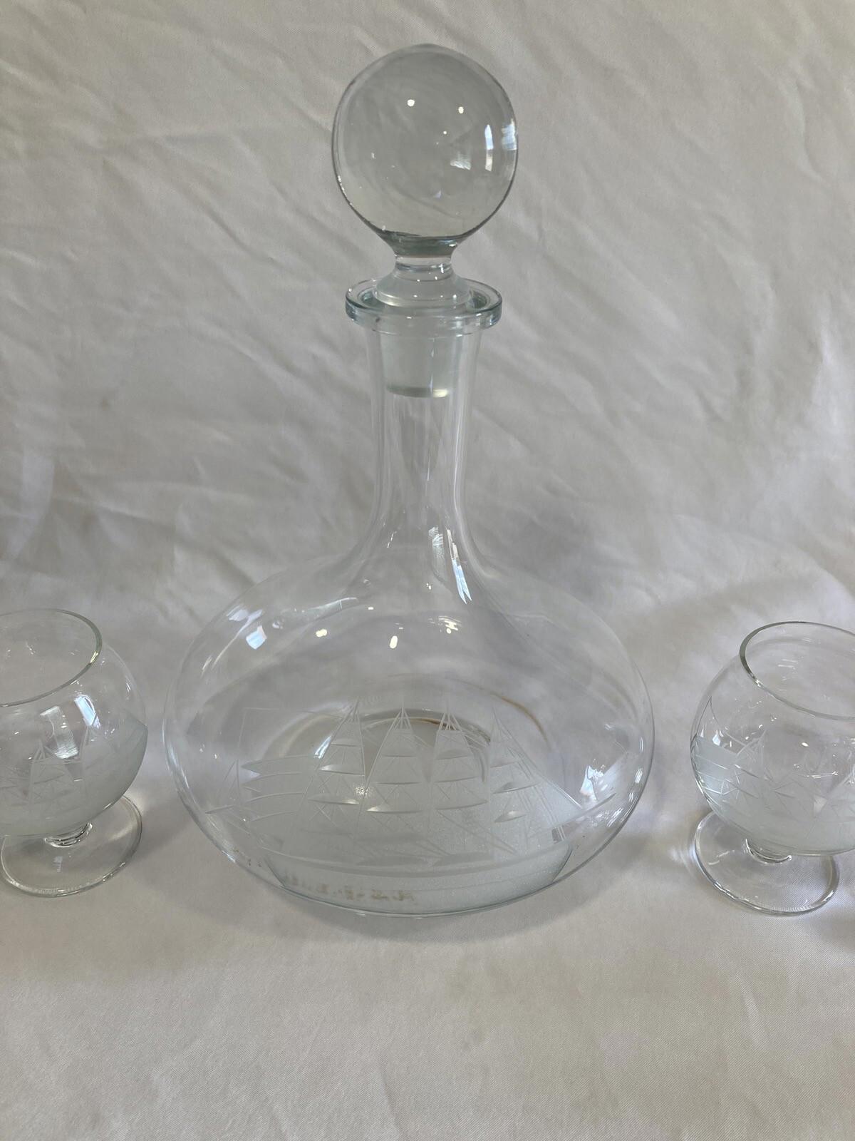 Midcentury Toscany Brandy Decanter with Etched Ships and 6 Glasses Vintage Bar