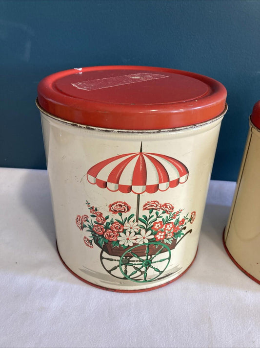 2 Vintage Nesting Decoware Tin Kitchen Storage Canisters Flower Cart Umbrella