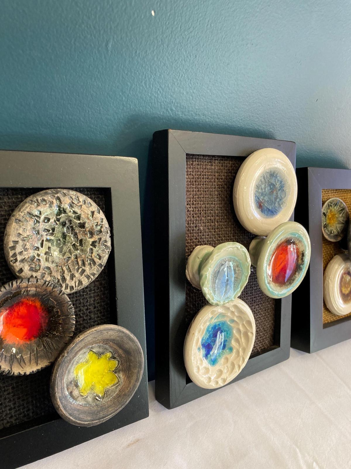 Framed Ceramic Mosaic Pottery Art on Burlap, Set of 3