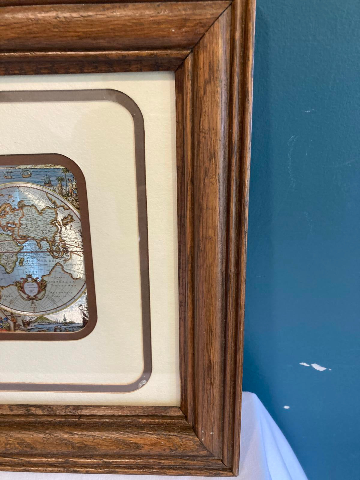 Framed Vintage World Map Print – Double Hemisphere Nautical Map