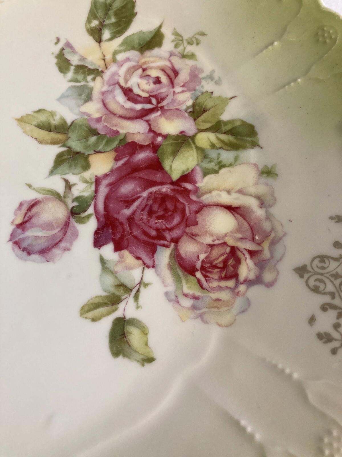Antique Prussian Hand Painted Pink and Green Dessert Plate with Handles