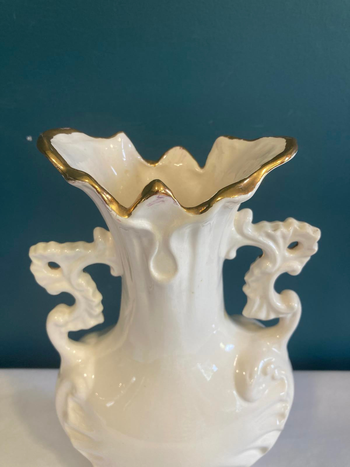 White Ceramic Vase with Gold Trim – Rococo Revival Scroll Handles