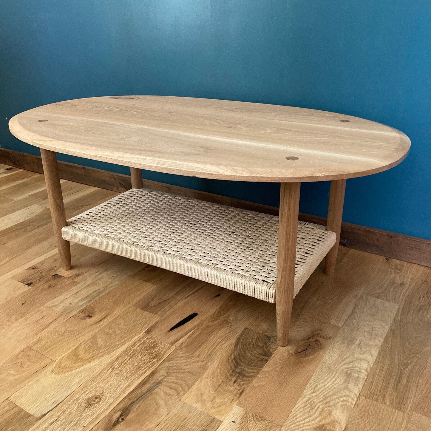 Handcrafted Solid Oak Danish Modern Coffee Table With Danish Paper Cord Shelf