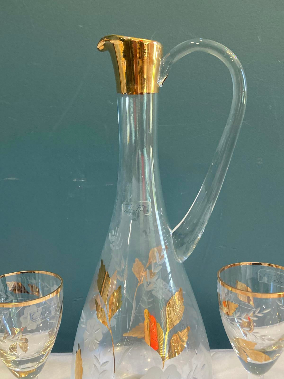 Toscany Gold Leaf Wine Glasses & Pitcher Set – 7 Pc Vintage Finds