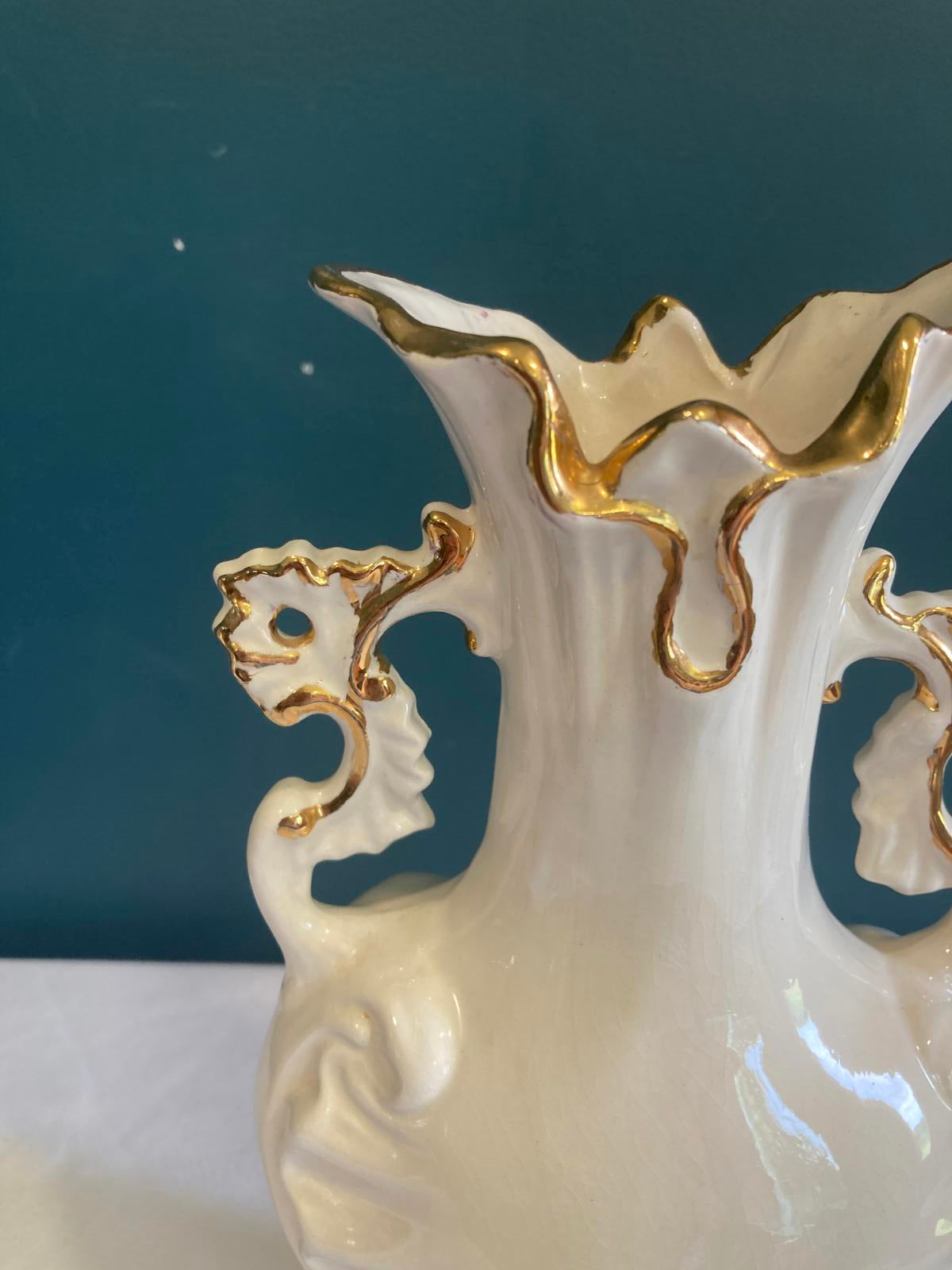 White Ceramic Vase with Gold Trim – Rococo Revival Scroll Handles