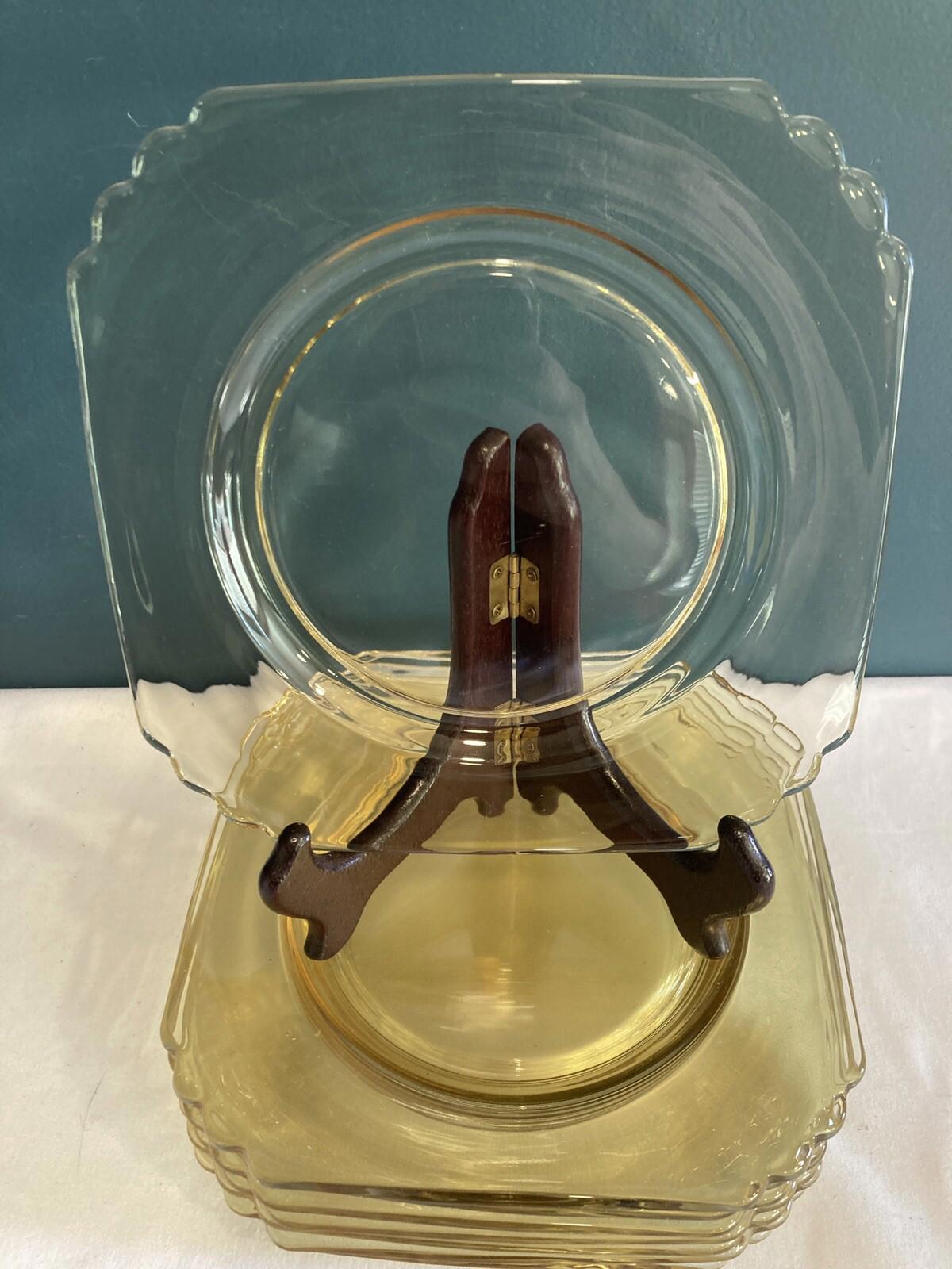 8 Octagon Amber Glass, Salad Or Dessert Plate Yellow Glass 7” Vintage Set Of 8