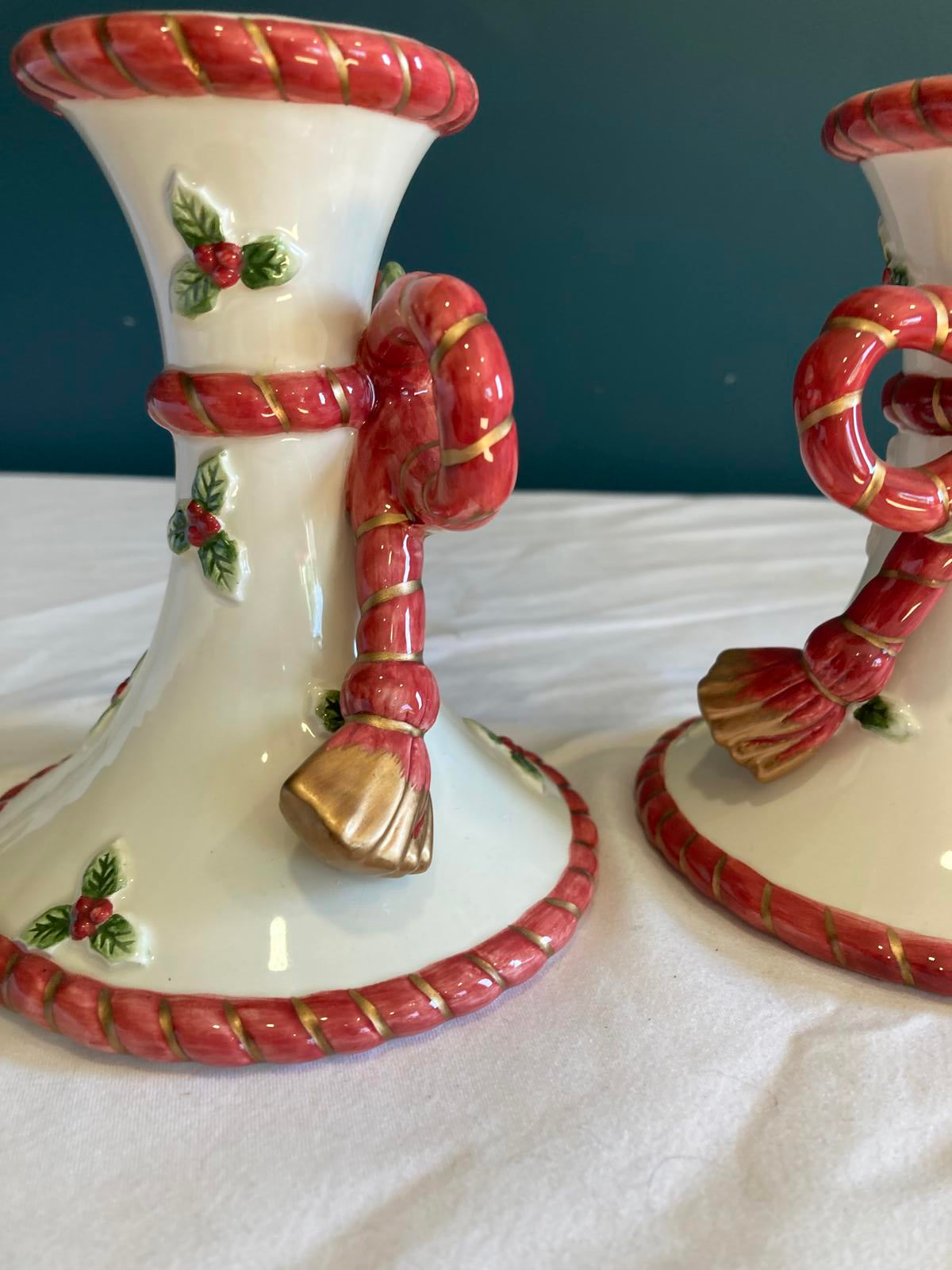 Vintage Fitz & Floyd Christmas Bow Ceramic Candlesticks