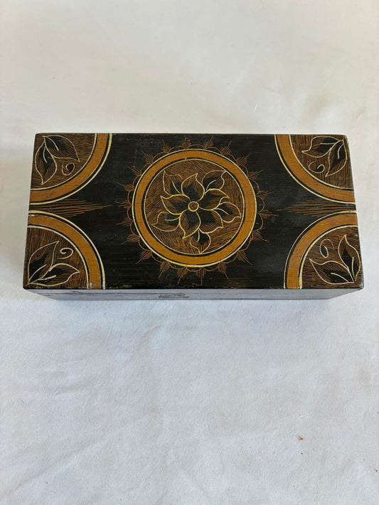 Vintage Black Lacquer & Gold Floral Wooden Decorative Box