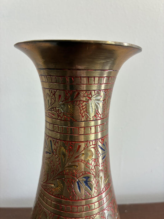 Vintage Brass Enamel Etched Vase | Indian Brass Vase