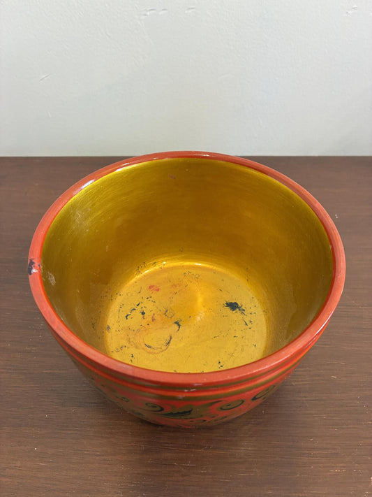 Vintage Hand Painted Red and Gold Wooden Bowl, Folk Art, Boho Cottage Decor