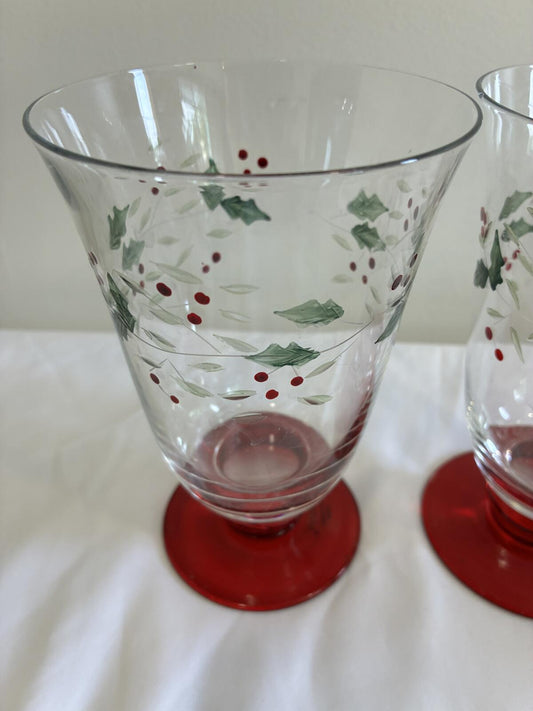 Pfaltzgraff Holly Berry Glasses Set of 2 Red Stem Christmas Holiday Goblet
