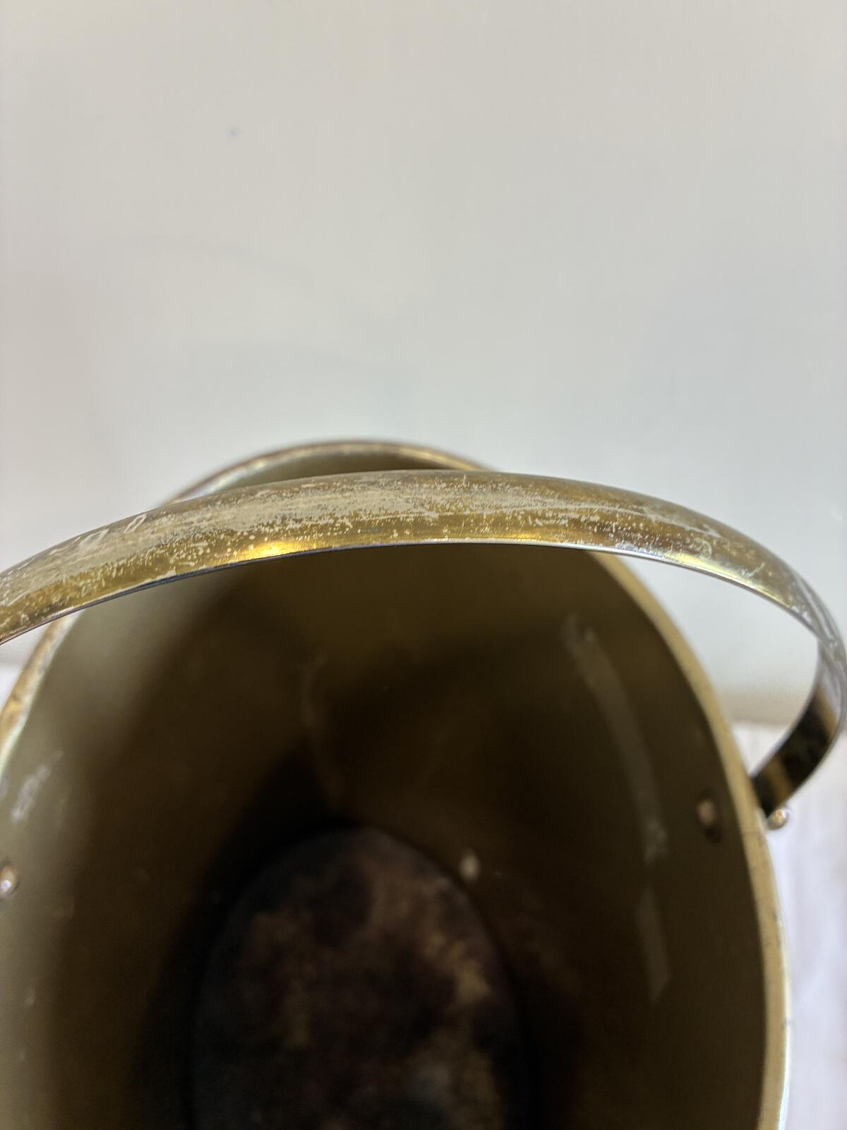 Vintage Mid Century Wastebasket with Handle, Black and Gold Metal Trash Bin