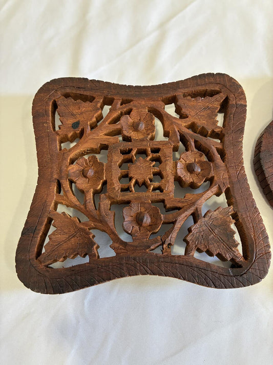 Vintage Hand Carved Wooden Trivets Set of 2 Floral Leaf Hot Pads Rustic Folk Art Kitchen Decor