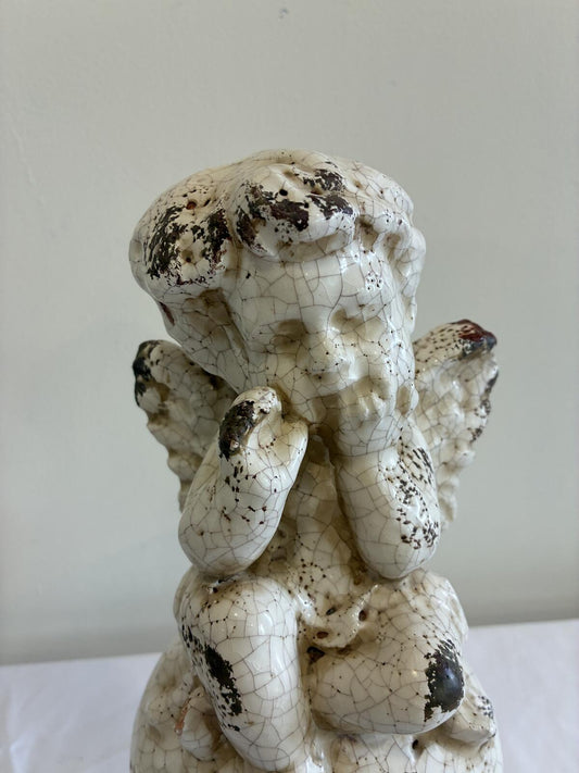 Vintage Crackle Glaze Cherub Statue Ceramic Angel Figurine Shabby Chic Cottage Garden Decor