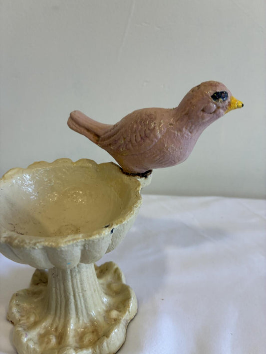 Vintage Cast Iron Bird FeederDecor , Pink Birds Pedestal Bowl, Cottage Garden Decor, Shabby Chic Bird Bath, Spring Decor,