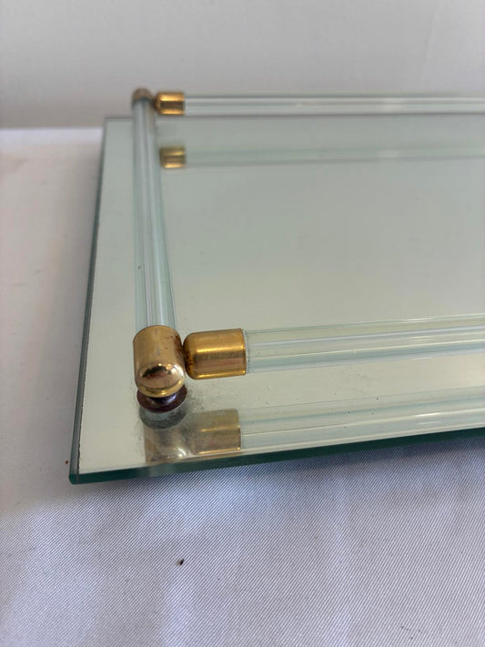 Vintage Glass Vanity Tray Brass Corner Accents Art Deco Style