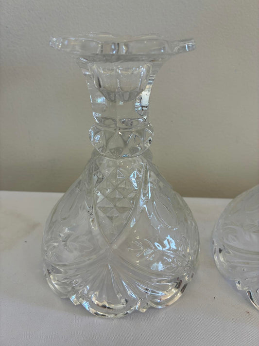 Vintage Cut Glass Candlesticks Pair Clear Crystal Style