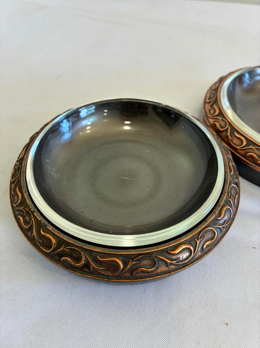 Vintage L.E. Mason Bronze Coasters with Glass Inserts, Set of 2