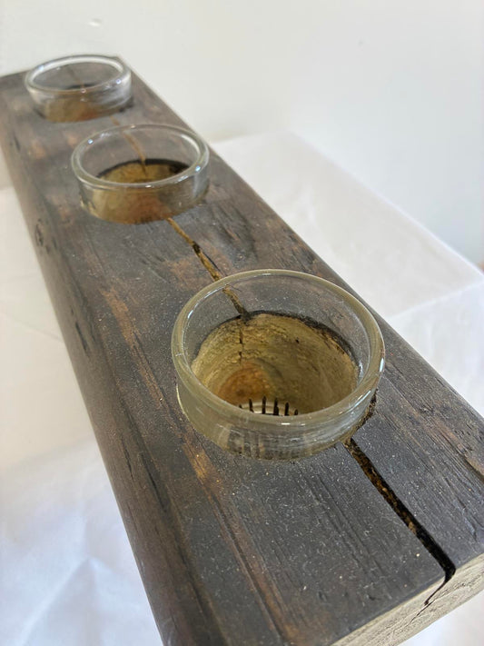 Vintage Wood Candle Holder with Glass Inserts Rustic Farmhouse Decor