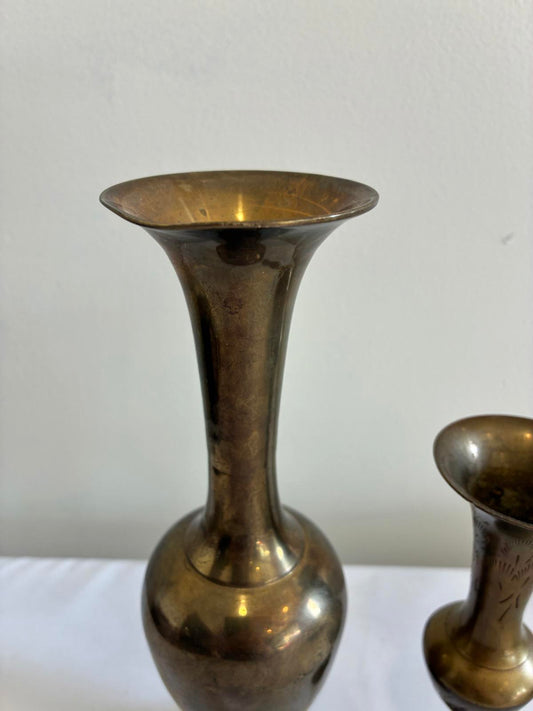Vintage Brass Bud Vases Set of 2 Tall Metal Decorative Mantel Decor