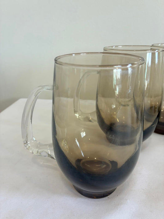Libbey Tempo Smoked Glass Mugs Set of 6, 1970s Brown Ombre Cups, MCM Barware
