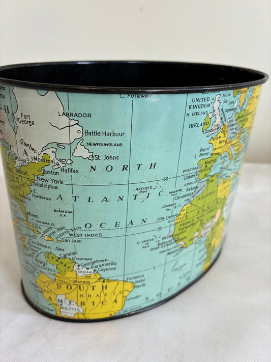 Vintage World Map 7" Desk Organizer Wastebasket Made in Japan 1950s