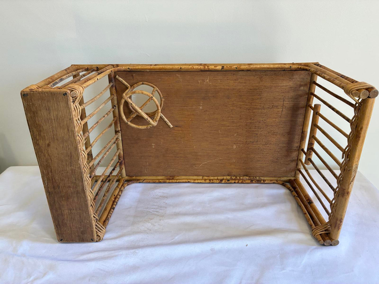 Vintage Bamboo Rattan Breakfast Tray TV Tray Lap Tray With Cup Holder Boho