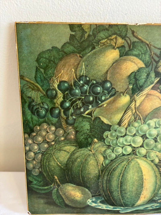 Vintage Fruit Still Life Print on Wood Panel Rustic Farmhouse Wall Art