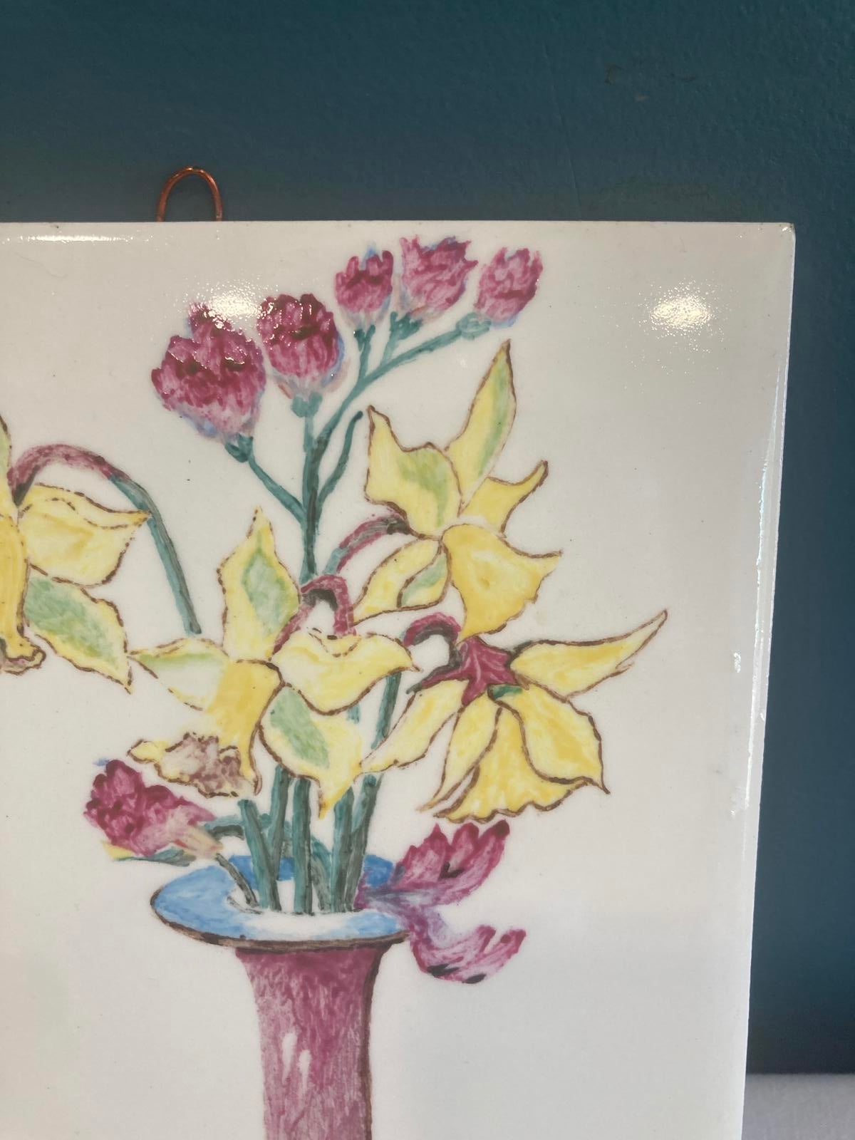 Hand Painted Floral Ceramic Tile 1950– Daffodils & Carnations Wall Art