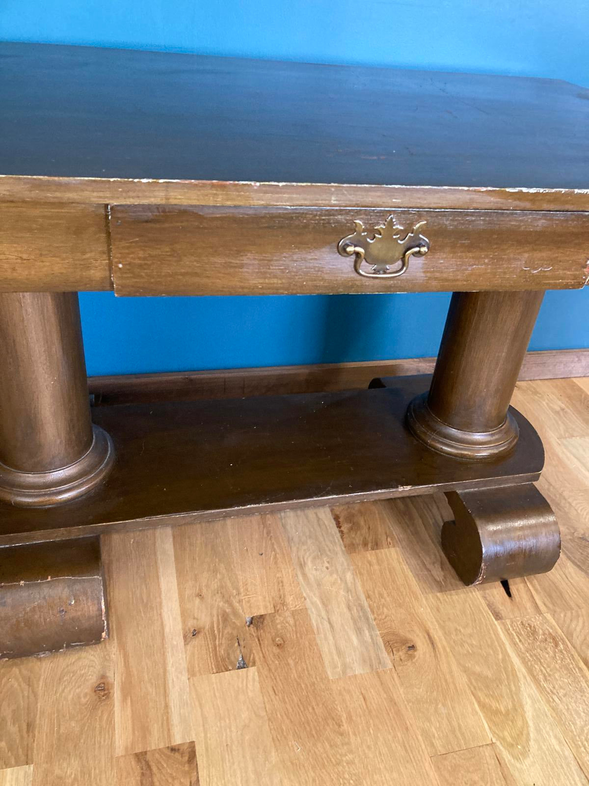 Vintage Art Deco Console Table with Scroll Feet and Drawer – Solid Wood