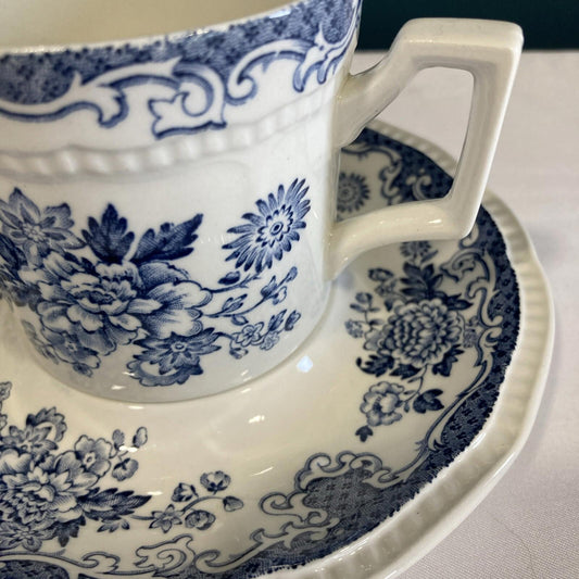Kensington Staffordshire Ironstone Balmoral Tea Cup Saucer England Blue Flowers