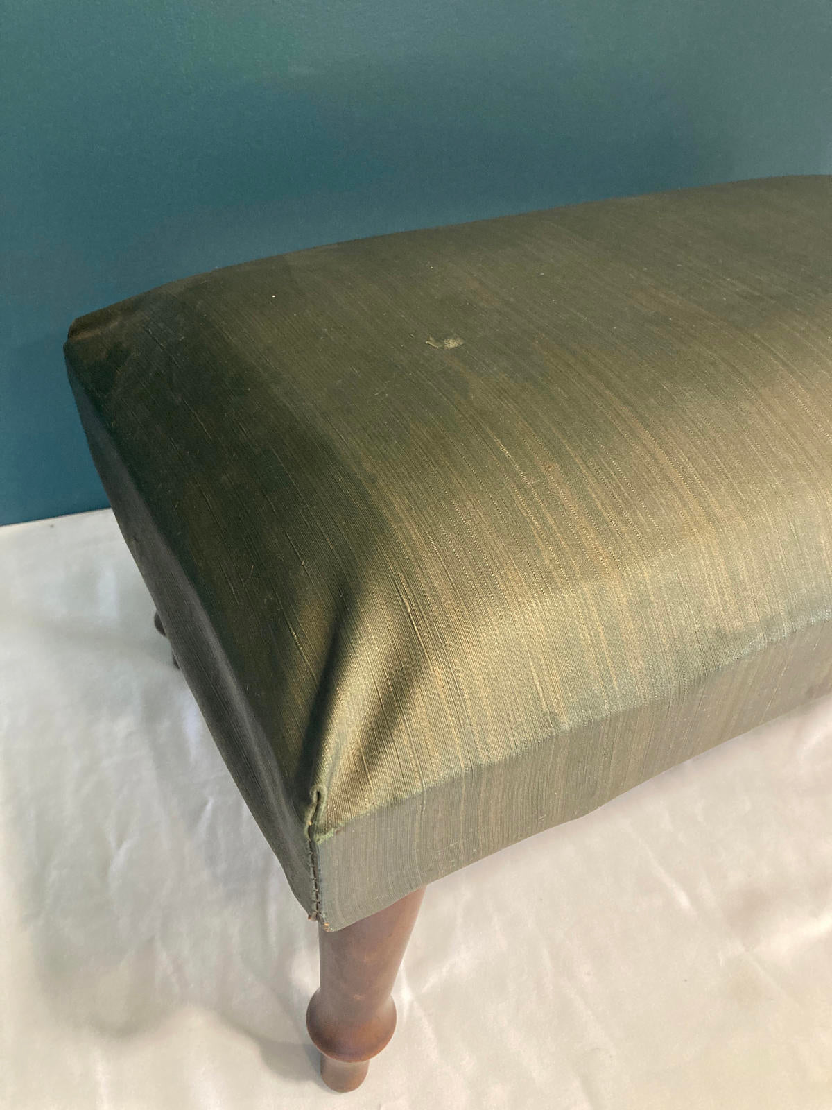 Antique Footstool with Dark Green Silk Upholstery – Vintage Finds