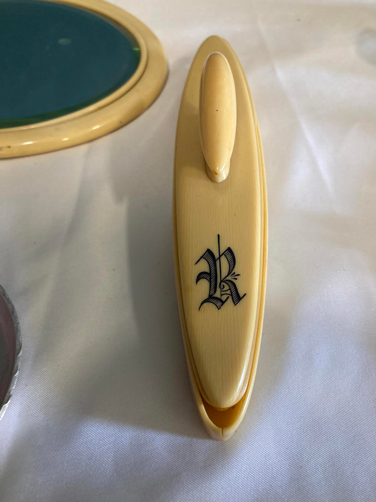 Vintage 5-Piece Vanity Set w/ "R" Monogram -Mirror, Shoe Horn, Nail Tools & Tray