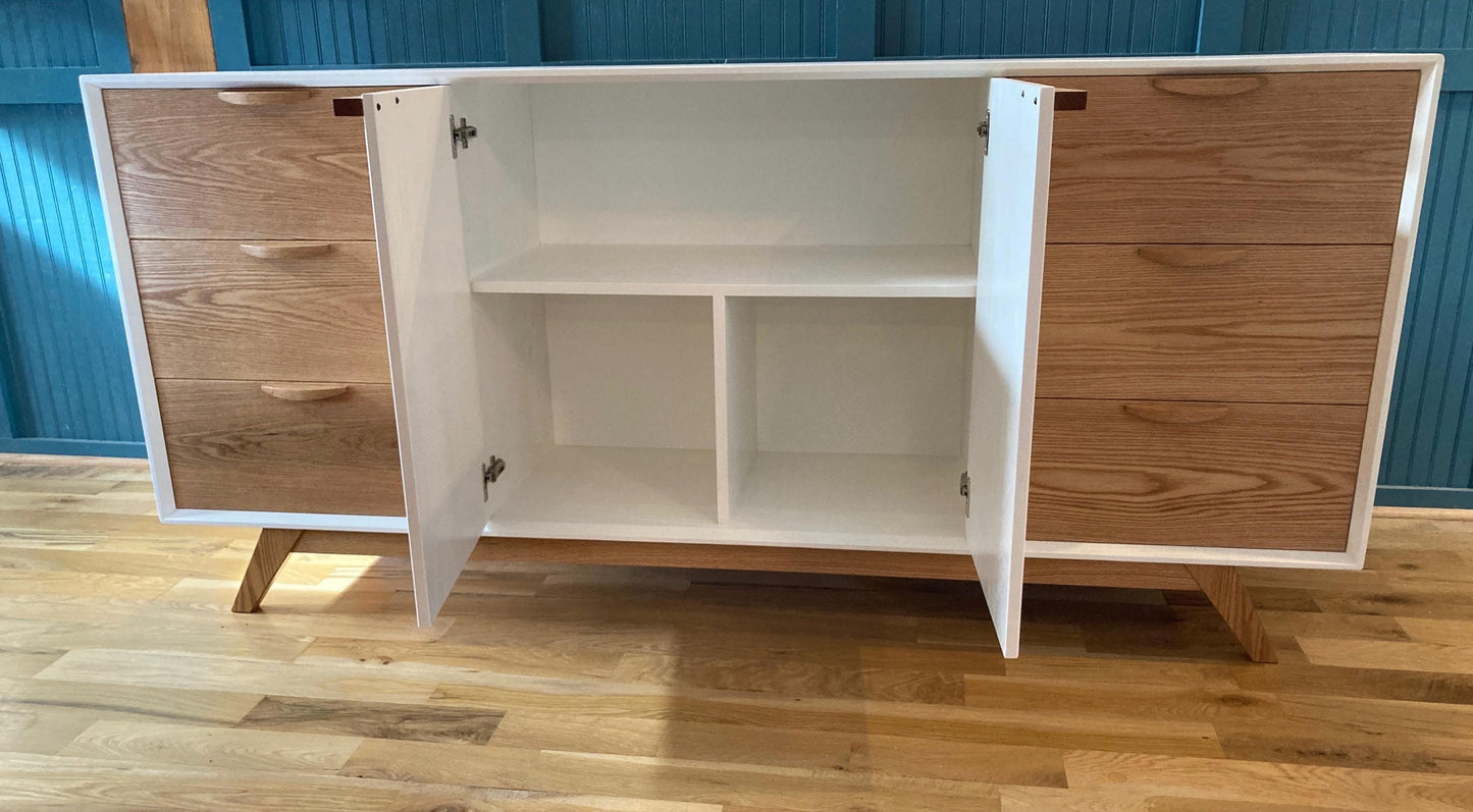 Handcrafted White Solid Oak MCM Cabinet Buffet Sideboard with 6 Drawers