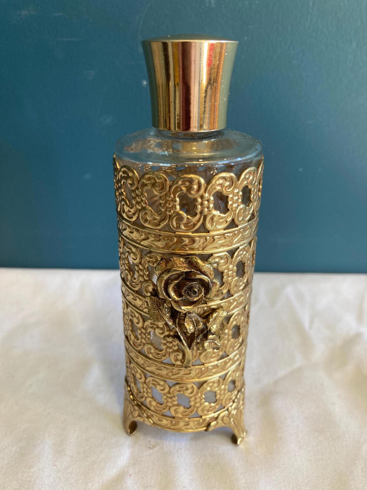 Vintage Ornate Brass Rose Perfume Bottle with Glass Insert