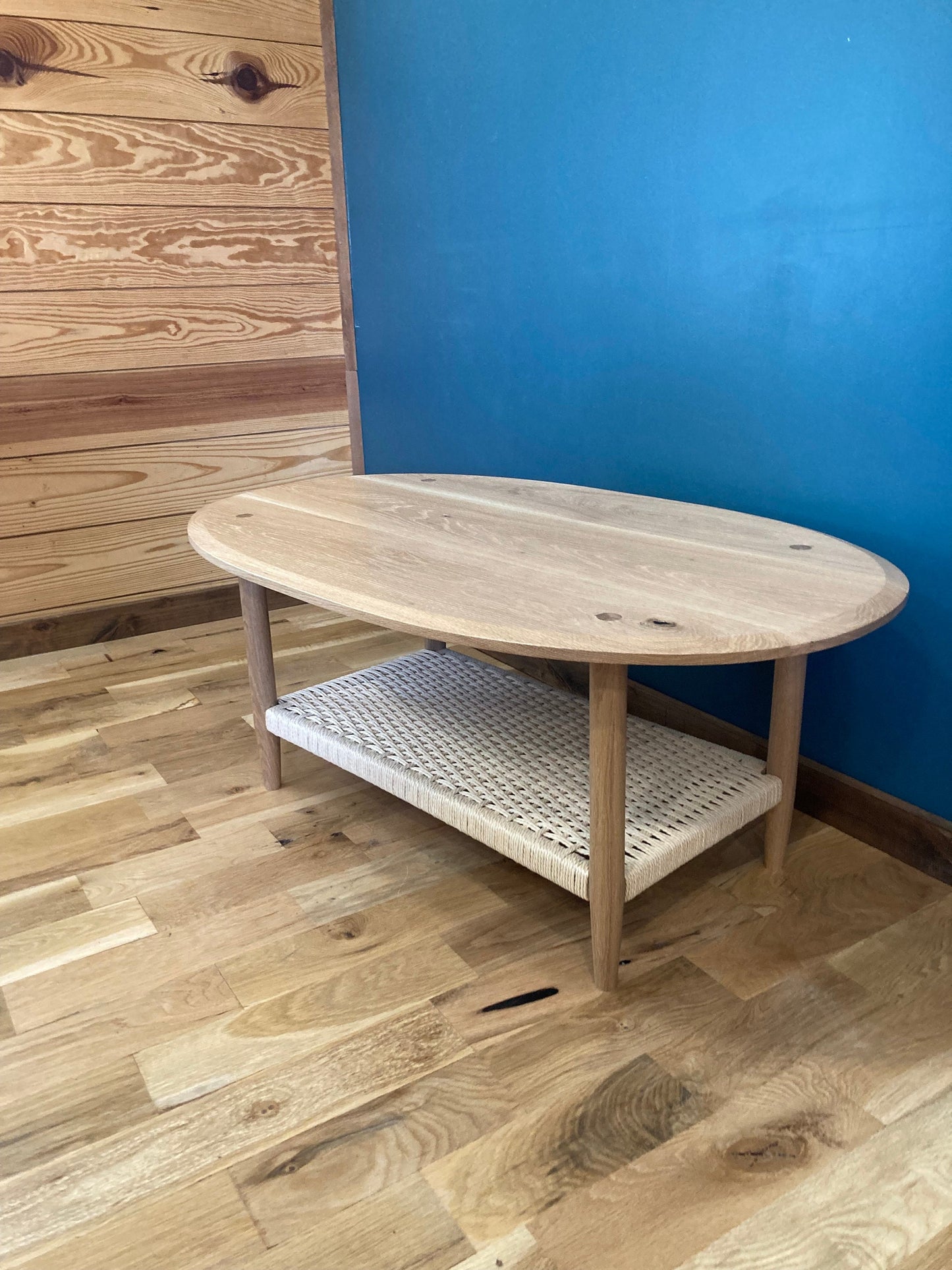 Handcrafted Solid Oak Danish Modern Coffee Table With Danish Paper Cord Shelf