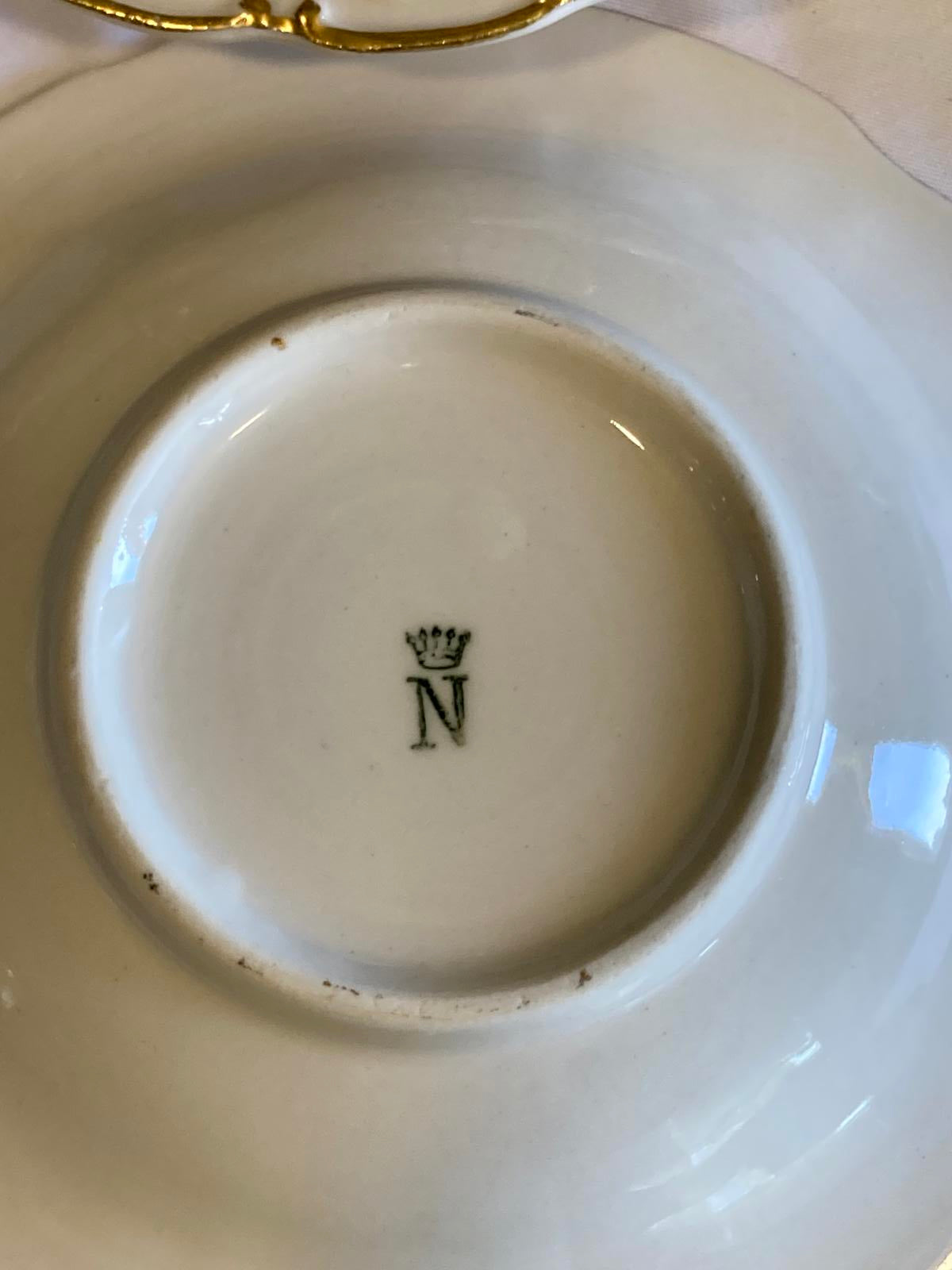 Antique Ernst Bohne Söhne Cherub Teacup and Saucer Set w/Gold Trim, Set of 7
