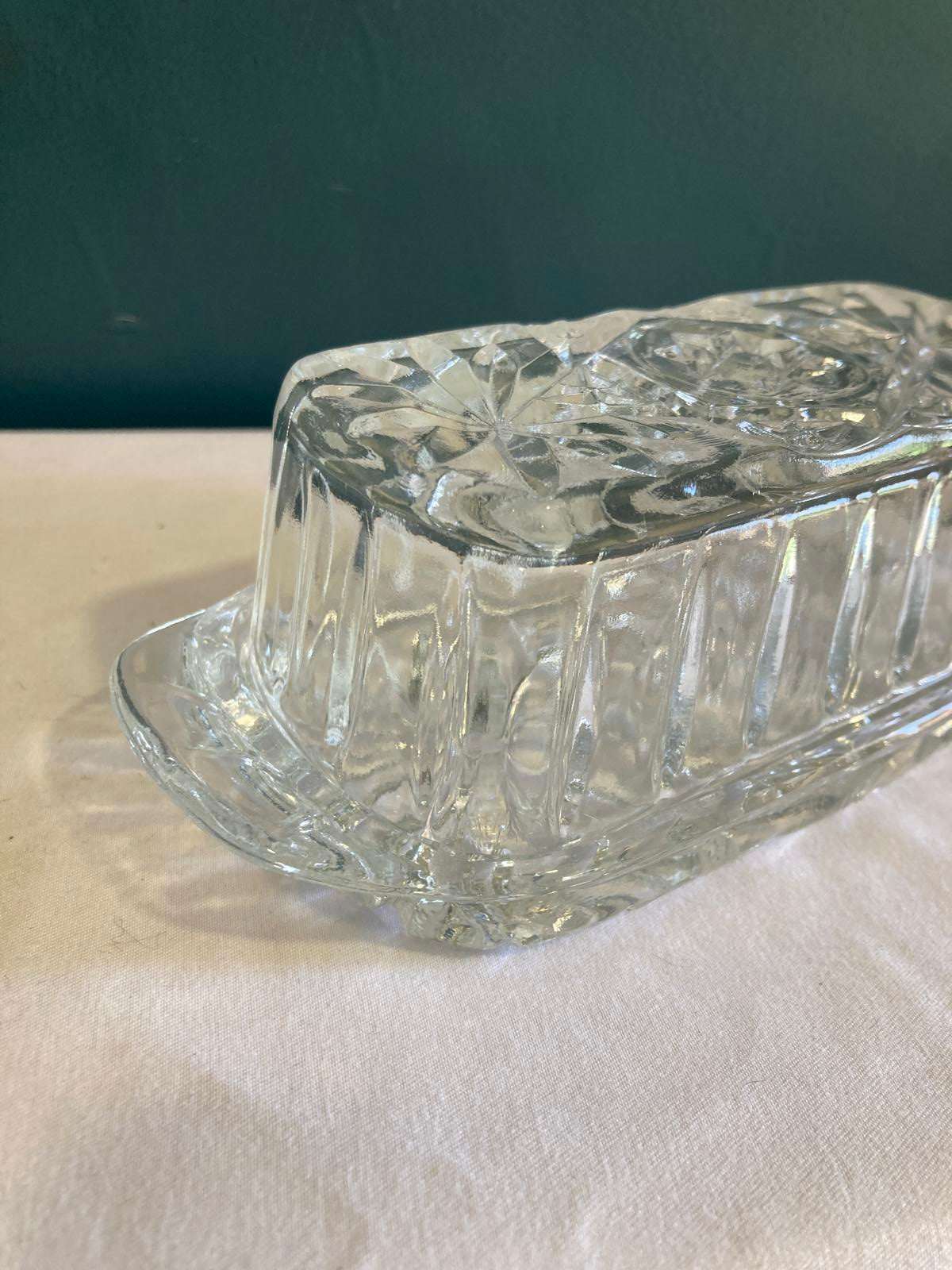 Vintage Pressed Glass Butter Dish with Starburst Design