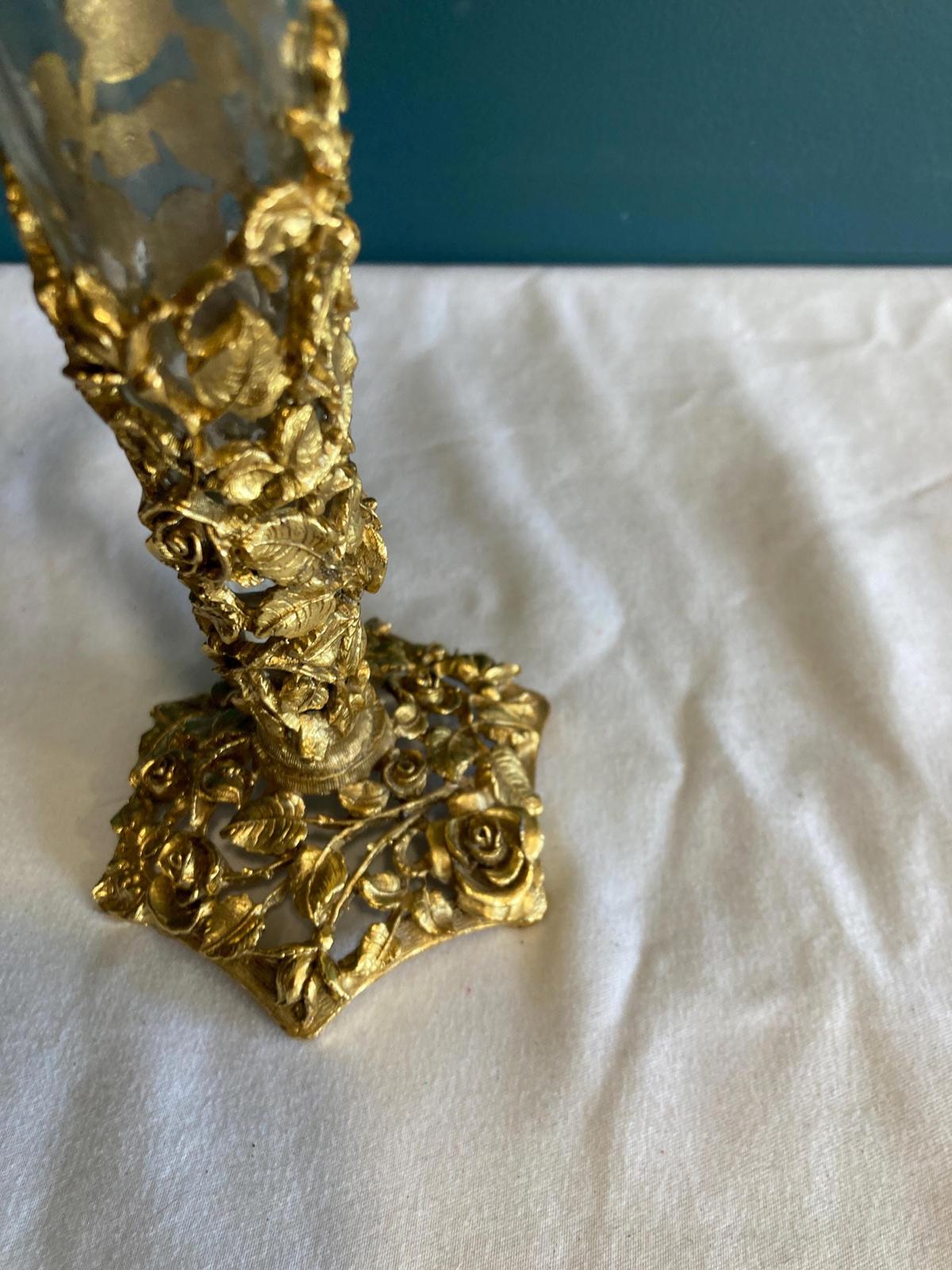 Vintage Matson Brass Roses Bud Vase with Glass Insert